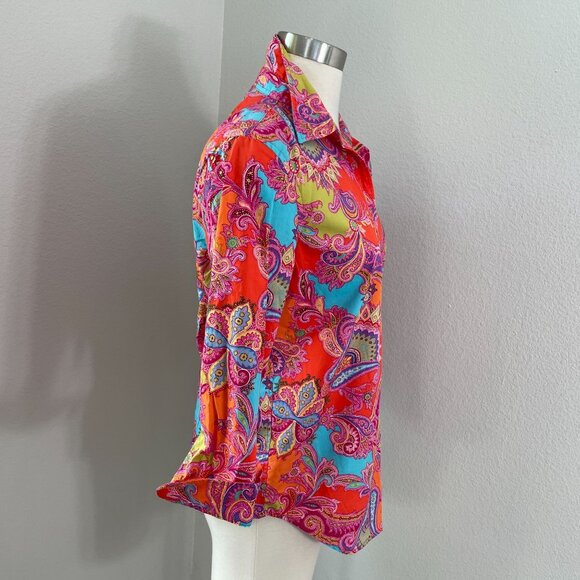 Chaps Womens Medium Paisley Button Up Shirt Vibrant Colorful Blouse 3/4 Sleeve - Picture 3 of 8